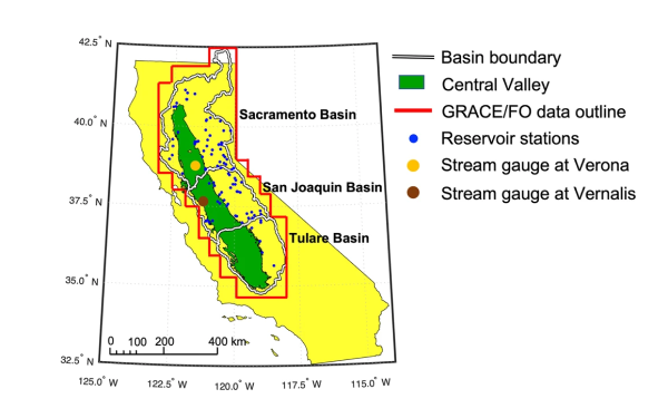 The Central Valley (green) encompasses the Sacramento, San Joaquin, and Tulare Basins (black and white boundary). The red border outlines the area of GRACE/FO mascon data used for the study. Blue dots show locations of active reservoir storage gauges distributed within the study region, and the orange and brown dots show locations of the two main stream discharge gauges in Central Valley. The GRACE/FO data, reservoir storage and streamflow measurements are used to estimate groundwater storage changes as discussed in the Methods section.